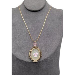 ACT II Faux Capodimonte Pendant Necklace Acrylic Porcelain Flower 18" Gold Tone